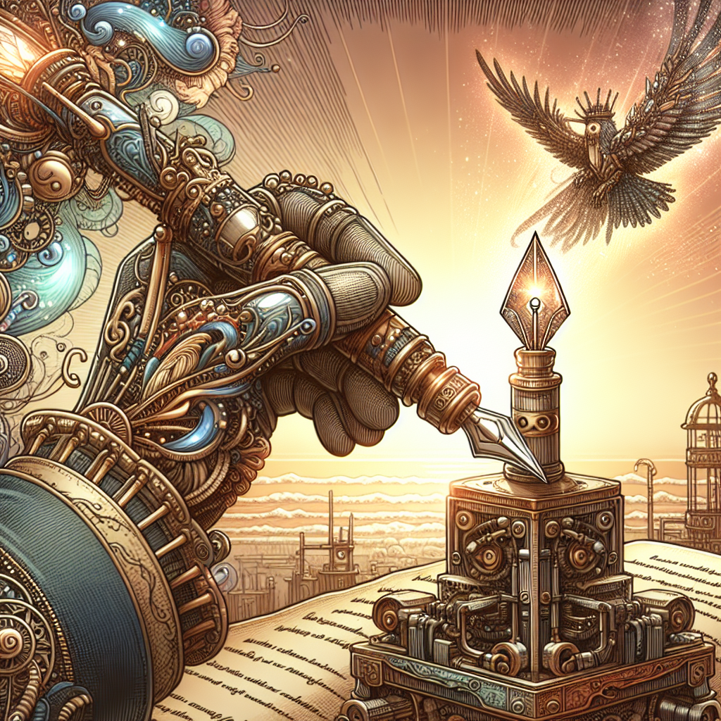 a magical pen being held by a brilliant writer, writing a story of mystical enchantments digital art, trending on artstation, hd Artist: Andy Warhol in the style of steampunk Photography: Portrait. Lighting: Direct sunlight. Subject: People. Camera: Focus Peaking. Composition: Close-up. Resolution: 720i (1280x720). Special Effects: Cinemagraph.